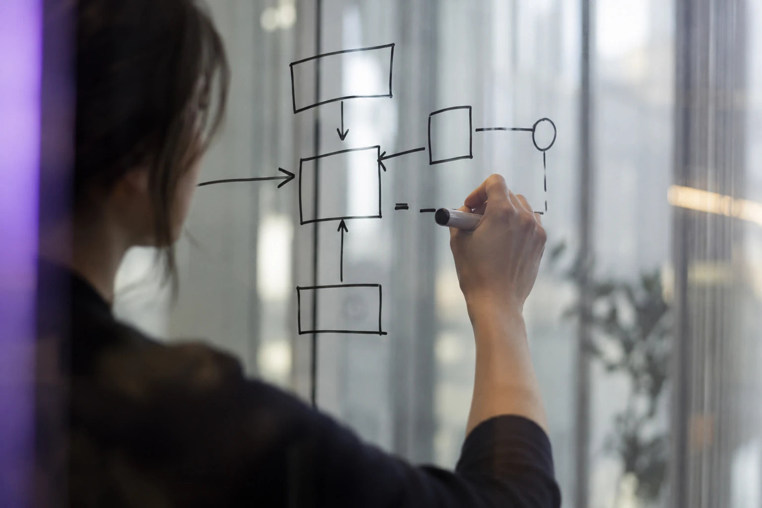 A software workflow being planned on a transparent glass board